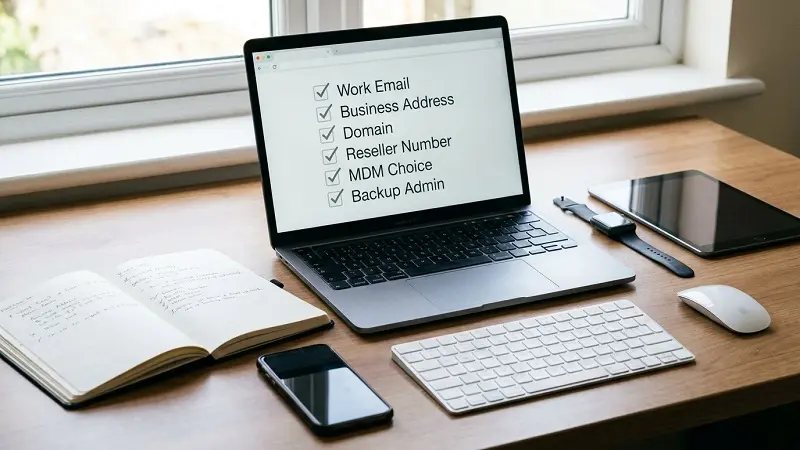 Apple Business setup checklist with work email domain reseller number and MDM choice