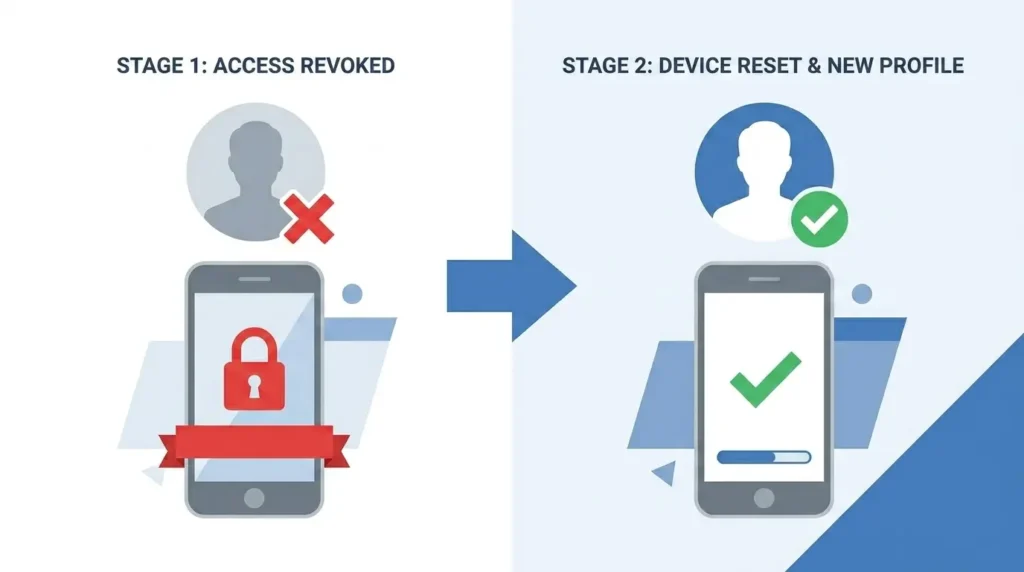 Apple Business Manager employee offboarding process showing device wipe and reassignment