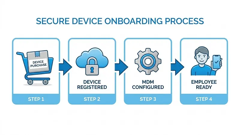 Step by step illustration of how Apple Business Manager handles automated device enrollment from purchase to employee setup
