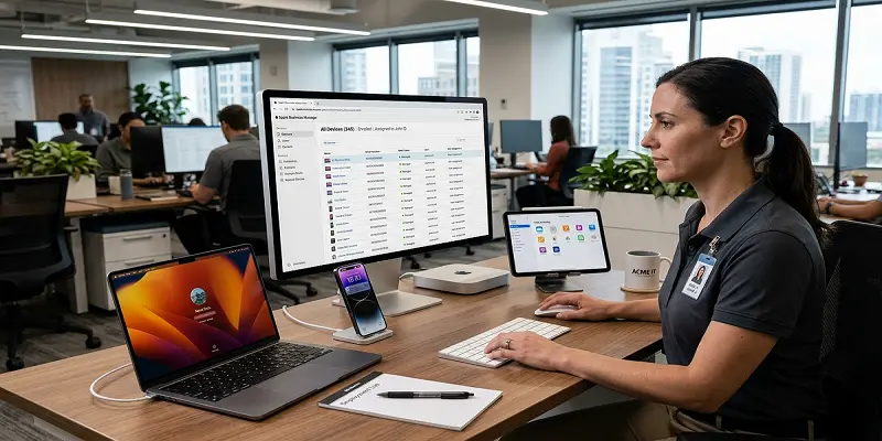 Apple Business Manager interface with Apple devices connected to company management